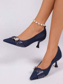 Women's Navy Blue Pointed Toe Kitten Heel Pumps, Rhinestone Bow Low-Cut Elegant Commuter Stiletto Heels, Versatile Soft Upper Mid-Heel Fashion Shoes, Suitable For Work, Party, Dating - Navy Blue - View 4