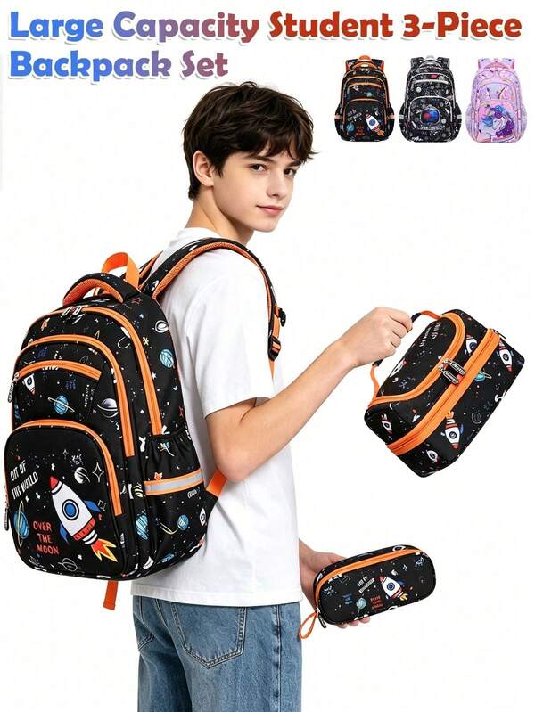 3-Piece Space Print Student Backpack Set, Multi-Compartment Design With Luggage Strap And Reflective Strip, Includes Matching Lunch Bag And Pencil Case, Suitable For Daily School Use