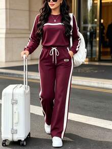 Spring/Autumn Casual Fashion Commuter Set For Women, Versatile Contrast Color Top With Striped High Waist Drawstring Loose Straight Leg Pants Elegant - Burgundy - View 3