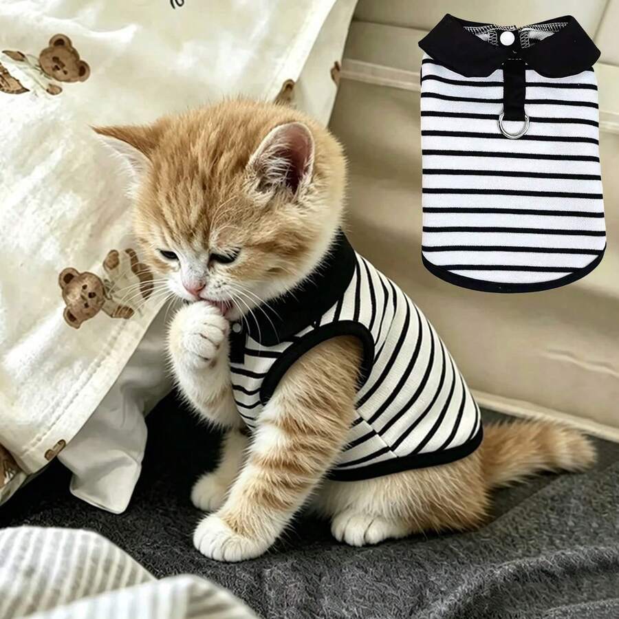 1PC Pet Striped Polo Shirt Cute, Casual, Comfortable, Breathable Cat/Dog Vest Pet Clothing - Black and White - View 1
