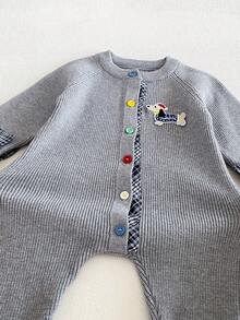 Baby Girl INS Minimalist Gray Knit Plaid 2 In 1 Contrast Button Puppy Patch Long Sleeve Jumpsuit - Grey - View 5
