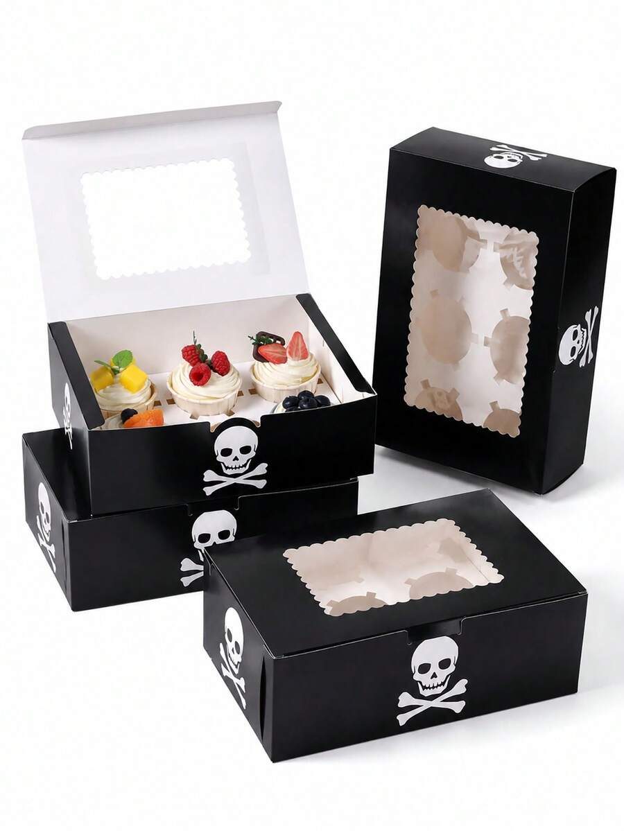 3/6/10/14/16pcs Cake Boxes With Transparent Window, Black Rectangular Baking Boxes, Skull And Crossbones Design, Foldable Storage Boxes, Suitable For Halloween Party, Birthday, Celebration, Dessert Packaging, Party Supplies - Multicolor - View 1