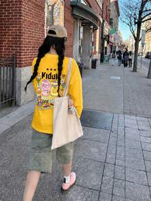 Street Style American Pure Cotton Crew Neck Long Sleeve T-Shirt For Women, Niche Design Print, Autumn Lazy Loose Fit Base Layer - Yellow - View 4