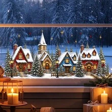 1/3 Stücke Winterdorf Schneeszene Hütten und Lebkuchenstadt Fensteraufkleber, doppelseitig sichtbare PVC elektrostatische Adsorptions Glasaufkleber, geeignet zum Dekorieren von Wohnzimmern, Schlafzimmern, Cafés und Restaurants. - Verschiedenfarbig - Übersicht 4