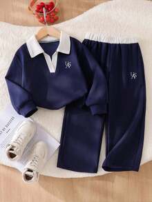 Young Girl Letter Print White Collar Pullover Warm Sweatshirt And Pants Set - Royal Blue - View 3