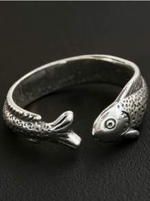 1pc Vintage Koi Fish Ring, Jumping Carp Personalized Minimalist Distressed Adjustable Finger Ring - Antique Silver - View 6