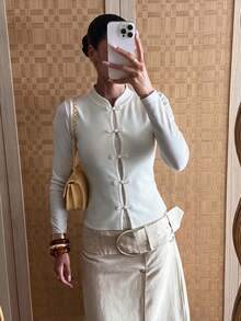 MORI 秋冬女款 Y2K 優雅可愛白色青蛙扣長袖羅紋針織開襟衫上衣，基礎休閒派對外出穿搭，夏季適用 - 白色 - 查看 1