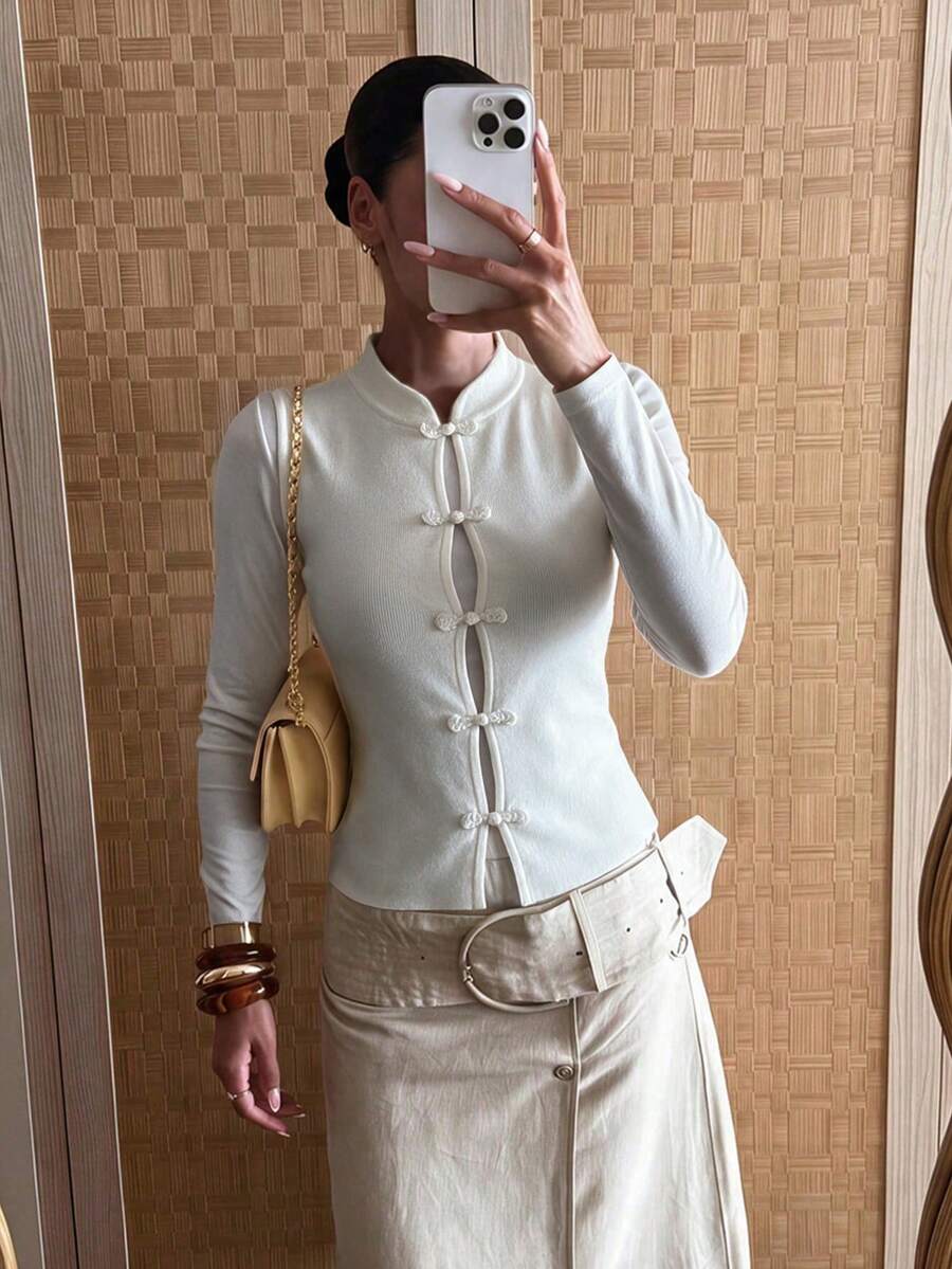 MORI 秋冬女款 Y2K 優雅可愛白色青蛙扣長袖羅紋針織開襟衫上衣，基礎休閒派對外出穿搭，夏季適用 - 白色 - 查看 1