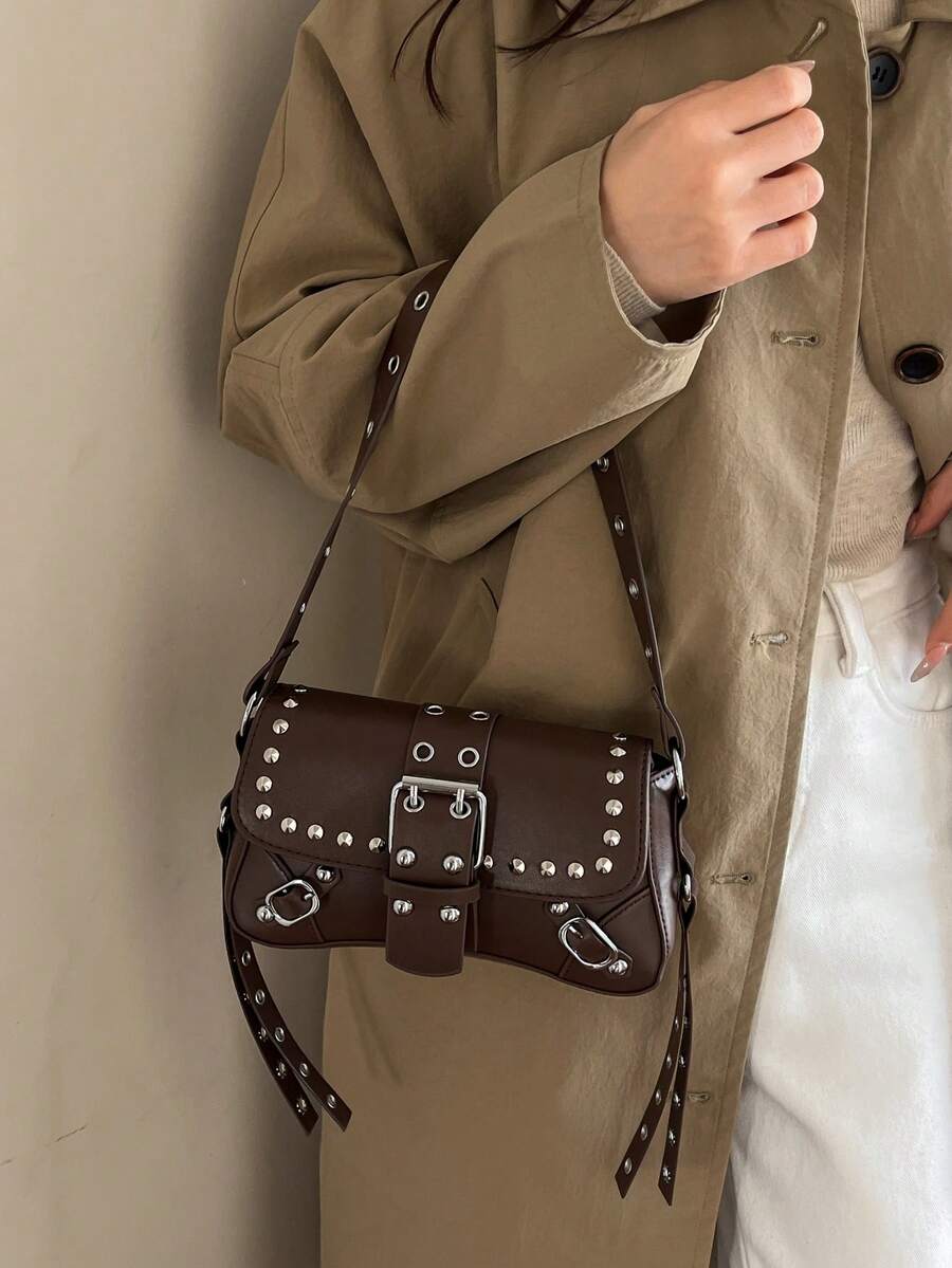 1 buah Tas Selempang/Tas Bahu Gaya Punk Cokelat Tua dengan Hiasan Paku Keling Bulat Perak, Gesper Logam di Bagian Depan, Desain Pita Berpaku Keling pada Tali dan Sisi, Memberikan Nuansa Manis & Keren yang Kuat, Cocok untuk Gaya Pakaian Y2K, American Vintage, dan Lainnya, Bahan PU - Coffee Brown - View 1