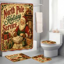1pc/4pcs Christmas Santa Claus Multi-Functional Bathroom Decor Shower Curtain Set, Free 12 Hooks, Premium Holiday Atmosphere, Bathroom Mat, U-Shaped Rug And Round Toilet Lid Cover, Suitable For All Christmas Occasions - Santa Claus 2 - View 8