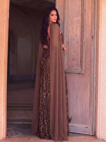 Women's Sequin Strapless Formal Evening Gown, Long Flared Skirt, Exquisite Detail Design, Create Stunning Evening Look - Coffee Brown - View 2
