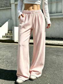 Women's Pink High-Waist Wide Leg Sweatpants Pants, Spring/Summer Travel Home Wear Versatile Slouchy Fall Sports - Pink - View 1
