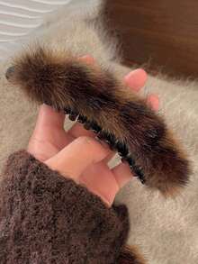 2/1pc Leopard Print Faux Fur Banana Hair Clip, Vintage Soft Plush Vertical Ponytail Clip, Autumn/Winter Thick Hair Women Hair Accessories Set, Versatile Autumn Vibe Hair Accessory - Multicolor - View 6