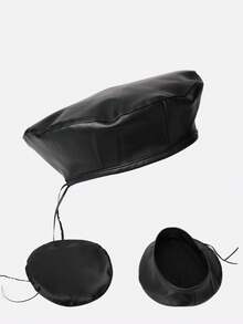 1pc Women's Black PU Leather Beret Hat, Saudi Arabian Popular Female Accessory Style - Black - View 10