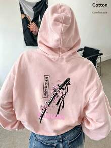 Autumn/Winter Women's Hooded Long Sleeve Sweatshirt, Cherry Blossom Samurai Sword Print, Casual Party Sporty Women's Top, Y2K Street Style Hoodie - Meat Powder - View 11