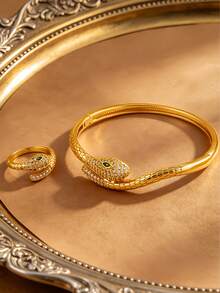Letingsha 女款哥德風 2 件組鍍金蛇形閃亮鋯石開口手鐲與戒指套組，派對、萬聖節及其他節日珠寶 - 金色 - 查看 4