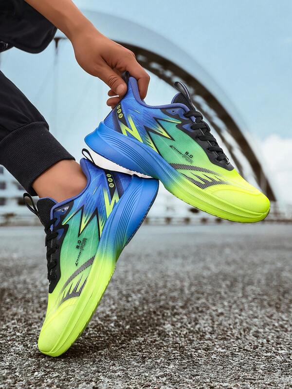 Men's Niche Personality Neon Green & Blue Contrast Running Shoes, Mesh Patchwork Thick Sole Cushioned Height-Increasing Lace-Up Chunky Sneakers, Versatile Comfortable Casual Street Sports Shoes