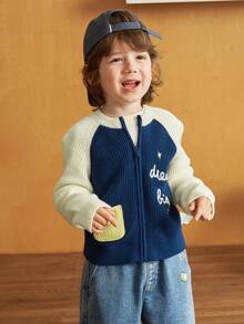 Balabala Color‑Block Raglan Sleeve Knit Cardigan Soft Base Top For Kids Spring Autumn - Blue and White - View 3
