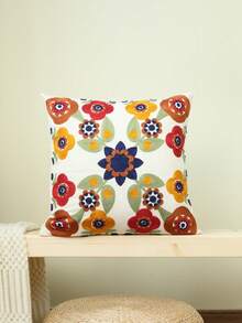 1pc Flower Embroidered Cushion Cover Without Filler, Modern Woven Fabric Decorative Throw Pillow Case For Bedroom, All Season - Multicolor - View 6