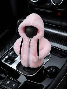 1pc Plush Hooded Car Gear Shift Cover, Zippered Faux Fur Warm Gear Lever Protector, Thickened Plush Material, Cute Winter Car Interior Decor Cover, Universal For Manual And Automatic Transmission Models, Winter Warm Interior Accessory - A - View 2
