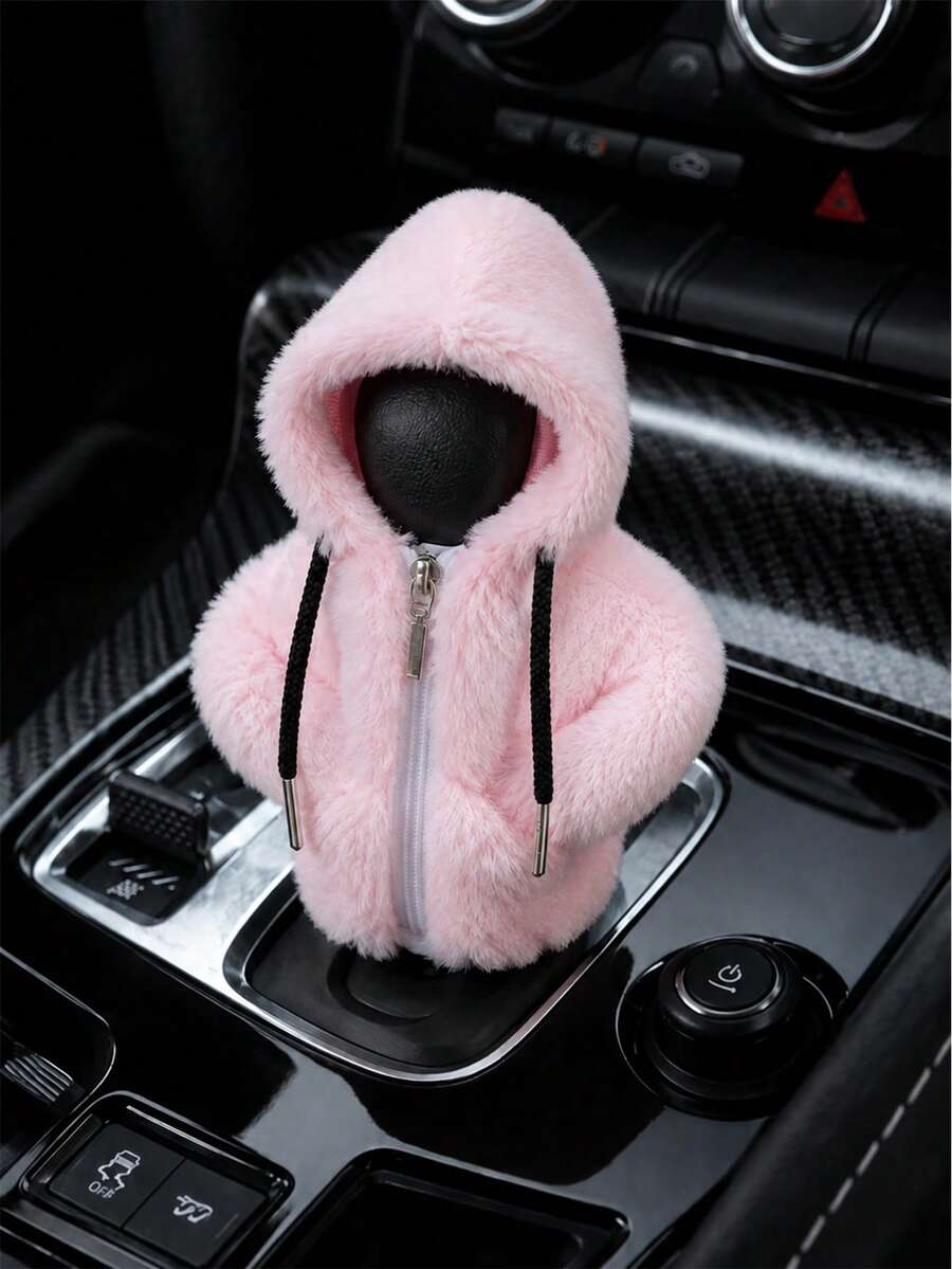 1pc Plush Hooded Car Gear Shift Cover, Zippered Faux Fur Warm Gear Lever Protector, Thickened Plush Material, Cute Winter Car Interior Decor Cover, Universal For Manual And Automatic Transmission Models, Winter Warm Interior Accessory