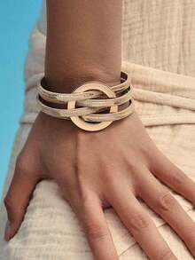 Gelang Kulit PU Multilayer, Gelang Manset Pergelangan Tangan dengan Gesper Magnet Lingkaran Berongga - Gelang kulit bundar berongga - View 24