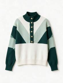 SEREN Women's New Colorblock Patchwork Mock Neck Knit Sweater, Autumn/Winter Vintage Long Sleeve Pullover, Casual Wear - Multicolor - View 9