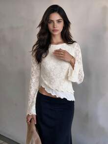 QUNGIGU Women Lace Boat Neck Top Jacquard Bell Sleeve Asymmetrical Wavy Hem Casual For Fall Apparel Going Out Dating - Apricot - View 4
