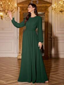 Volly Toych Elegant Long Sleeves Chiffon Maxi Bridesmaid Dress, Sleeves Without Lining, With Ruched Bust Scoop Neck For Special Occasions, Perfect For Events - Dark Green - View 7