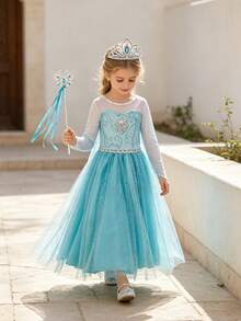 3pcs/Set Gaun Lengan Panjang Jala Biru untuk Anak Perempuan, Set Aksesoris Mahkota & Tongkat Sihir, Kostum Bermain Peran Anak untuk Natal, Pertunjukan Panggung, Pesta - Langit biru - View 1