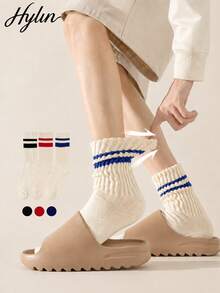 3 Pairs Men's Color Block Striped Mid-Calf Socks, Comfortable Breathable College Style Thick Stripe Slouch Design, Fashion Men's Autumn/Winter Sports Socks - Multicolor - View 6