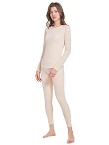 2pcs/Set Women's Thermal Underwear Set, Round Neck Top + Pants, Winter Base Layer Thermal Top And Leggings - Beige - View 5