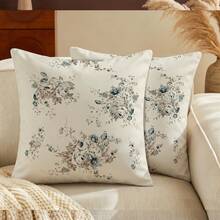 2pcs Vintage Blue Floral Home Decor Throw Pillow Covers, French Country Elegant Style Lightweight Polyester Material Single-Sided Printed Cushion Covers, Suitable For Daily Home, Sofa, Bed, Bedroom, Living Room, Cafe, Exhibition Hall, Decorative Pillow Covers, Daily Holiday Party Decoration - Beige - View 3