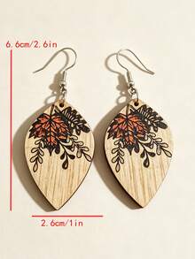 1 Pair Vintage Autumn Maple Leaf Willow Leaf Shaped Wooden Ear Hooks, Autumn Plant Print Artistic Earrings - Beige - View 4