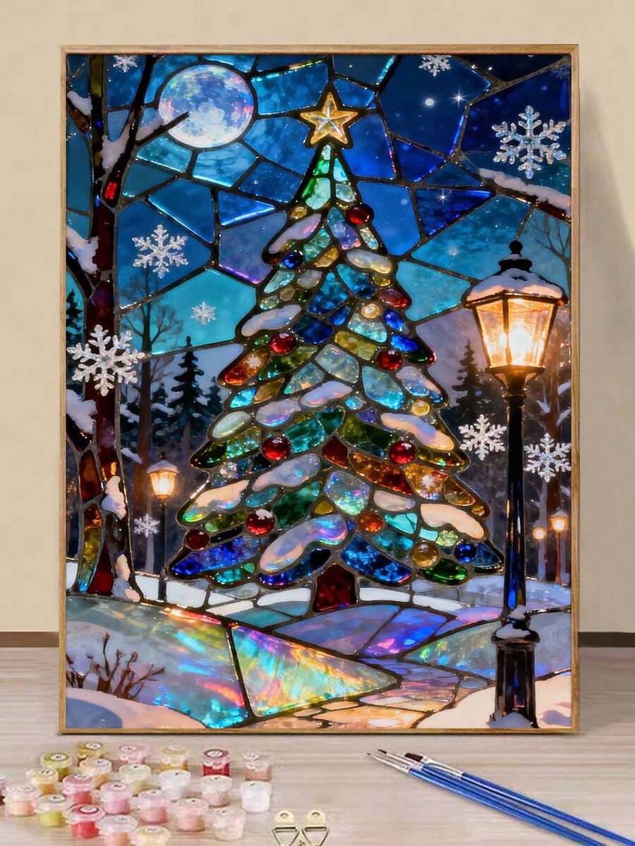 DIY Stained Glass Christmas Tree Snow Scene (8x12 / 16x20 Inches) Paint By Numbers Kit(Acrylic) Arts & Crafts For Adult Beginners, Home Wall Decor, And Holiday Gifts, Best Seasonal Home Art Projects - Sets - View 1