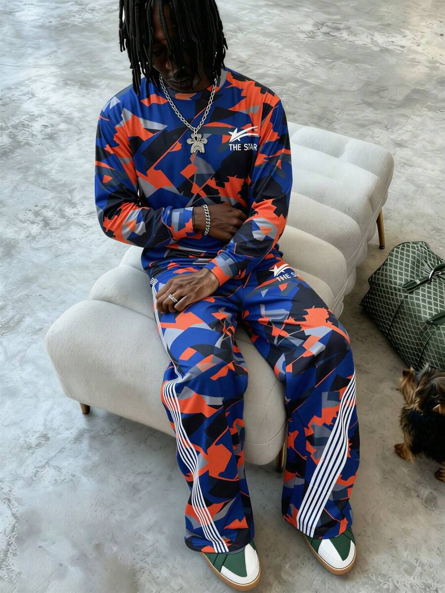Men's Printed Sweatshirt & Pants Set, Loose Fit Pullover Sweatshirt, Comfortable Lightweight Casual Outfit - Multicolor - View 1
