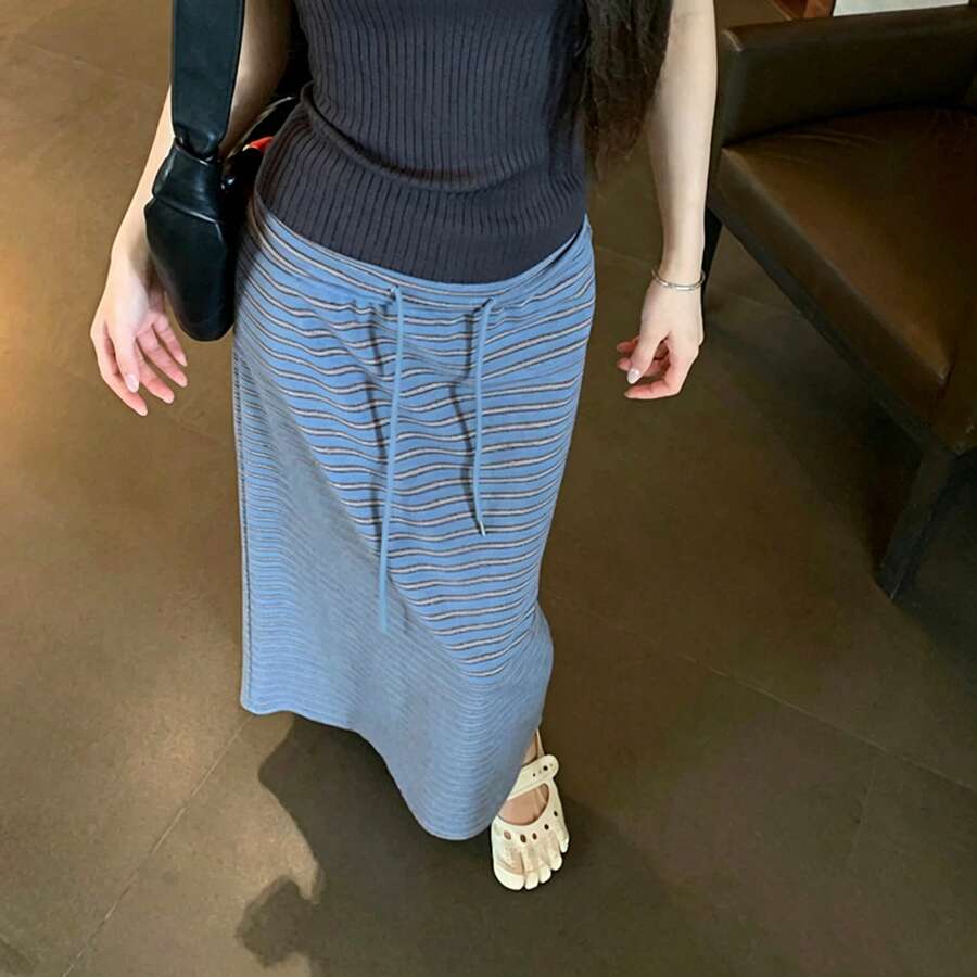 Contrast Striped Sexy Women's High Waist Drawstring Draped Long Skirt, Autumn Elegant Outfit, Pockets, Slit, A-Line, Bodycon - Blue - View 1