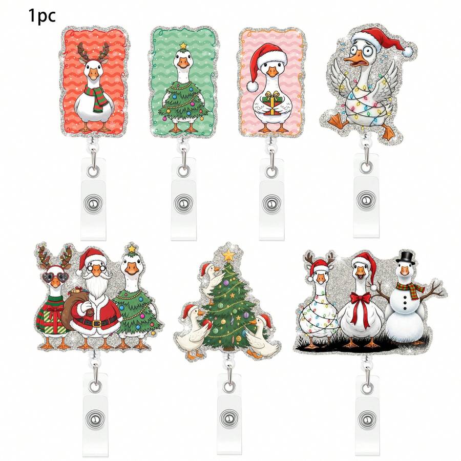 1pc Christmas Goose Retractable Badge Reel With Lanyard, Suitable For Students, Nurses, Office Supplies, Back To School, Halloween - A - View 1