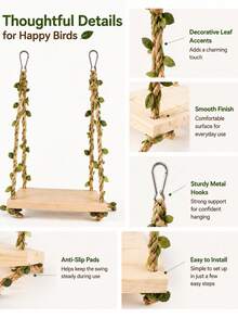 1pc Wooden Bird Swing Perch With Leaf Decoration, Hanging Platform Toy For Parrots, Small Parrots And Small Birds, Woven Rope Interactive Swing, Smooth Wooden Seat, Bird Cage Accessory, Suitable For Daily Play And Rest, Colorful Pet Bird Entertainment Supplies - View 6