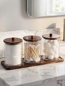 3pcs Transparent Plastic Round Cotton Swab Storage Box (With Tray) / 1pc Modern Portable Desktop Storage Box (For Home Use) - Multicolor - View 2