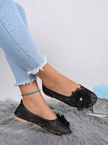 Bailarinas planas con lazo lindo y punta cuadrada para mujer, de ante sintético con plantilla acolchada suave, zapatos casuales sin cordones para uso diario, oficina y caminar - Negro - Ver 2