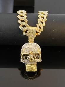 Hip-Hop Style Full Rhinestone Skull Pendant Cuban Chain Necklace, Dark Personalized Streetwear Accessory, Suitable For Rap Performance, Halloween Party, Cool Unisex Niche Gift Jewelry - Skull Pendant Necklace - View 7
