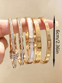 5pcs/Set Women's Open Bangles, Rotating Rhinestone, Shell Inlay, Ocean Embossed & Roman Numeral Design, Stackable Wrist Jewelry, Suitable For Daily Wear & Party - Gold - View 8