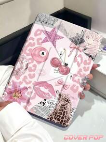 Pink Lip Print And Leopard Print Pattern Tablet Case Compatible With IPad Air 11-Inch M3 2025 / M2 2024, Air 5th Generation 2022 , (A16) 11 Inch 11th Generation 2025,Compatible With Samsung Galaxy Tab,Kindle Paperwhite 12th Gen 2024, Clear Back ,Fashion Pattern Protective Case,Automatic Sleep And Wake-Up Function, Airbag Protection, Suitable For Gifts And Office Use - Multicolor - View 3