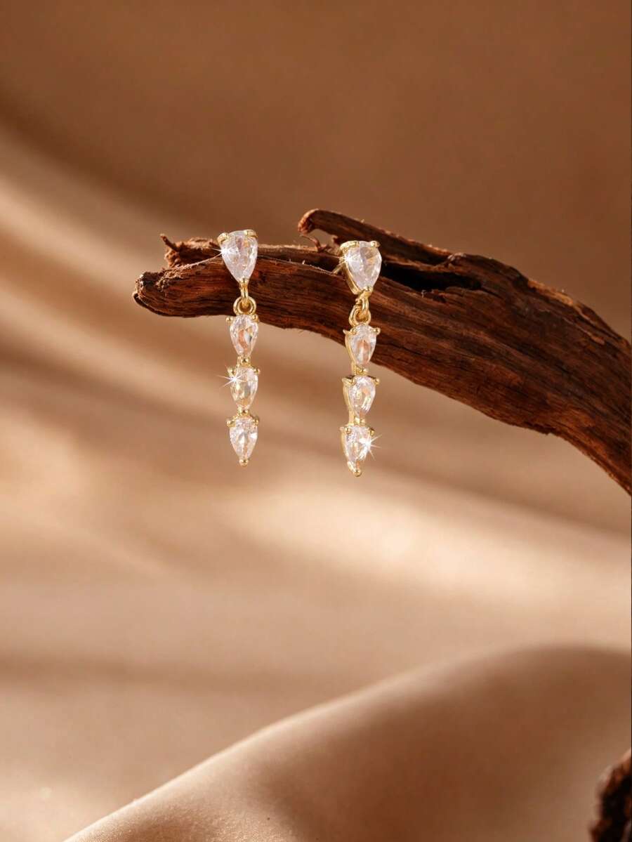 1 Pair Super Shiny Zirconia Heart Tassel Stud Earrings, Niche Luxury High-End Style - Multicolor - View 1
