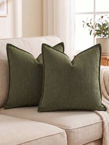 1pc (Pillow Insert Not Included) Fish Bone Textured Edged Throw Pillow Cover, Modern Luxury Soft Chenille Edged Decorative Cushion Cover, Suitable For Sofa, Bed, Bedroom, Office, Hotel, Decor, All Seasons - Dark Olive Green - View 1