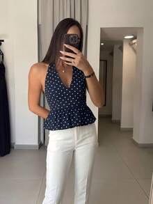 Women's Polka Dot Ruffle Camisole, Flared Hem, Woven Fabric, Long Length, Zipper Detail, Non-Stretch, Opaque Casual - Royal Blue - View 3