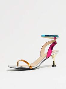 Women's Party Sandals Metallic Color Block Thin Strap Ankle Buckle Low Heel Square Toe Flared Heel Design Suitable For Holiday And Party Occasions - Silver - View 4