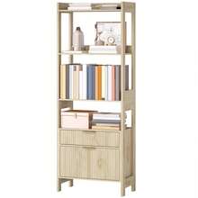 Hoge boekenkast, opbergmeubel met 4 open planken en 2 geribbelde laden, 60 x 30 x 160 cm, naturel hout - A - Bekijken 2