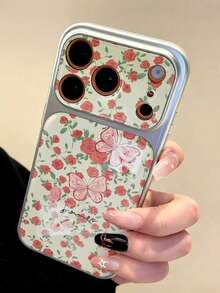 1 French Style Bustling Rose Butterfly Mirror Phone Case With Large Window Silver Plated Border Suitable Compatible With Apple 17Promax/11/12/13/14/15/16pro - Silver - View 2